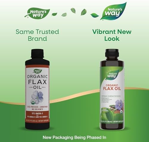 Unflavored plant based omega 3 6 9 dietary supplement pouring from light protected bottle.