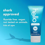 Hello brand shark themed kids toothpaste for plaque removal and safe swallowing