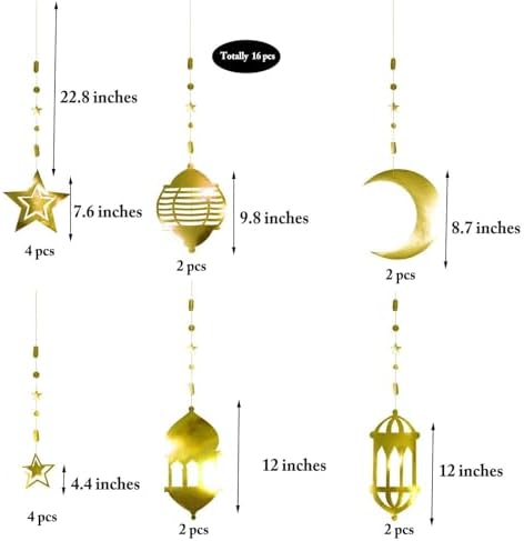 Close-up detail of the double-sided shining gold mirror finish on the crescent moon and lantern cutouts.