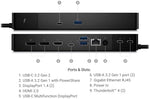 Dell WD22TB4 docking station back ports view highlighting dual Thunderbolt 4 DisplayPort and HDMI connectivity