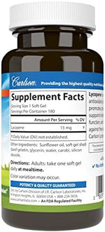 Carlson Lycopene 180 softgels nutrition facts and ingredients label