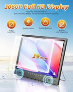 NORTHING small outdoor TV showing the 180 degree adjustable bracket and stand on patio table.
