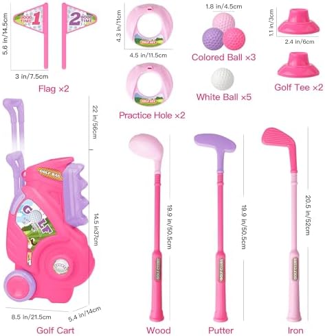 Close up of kid safe plastic golf clubs and balls
