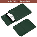 E-reader being inserted into HoYiXi dark green protective pouch