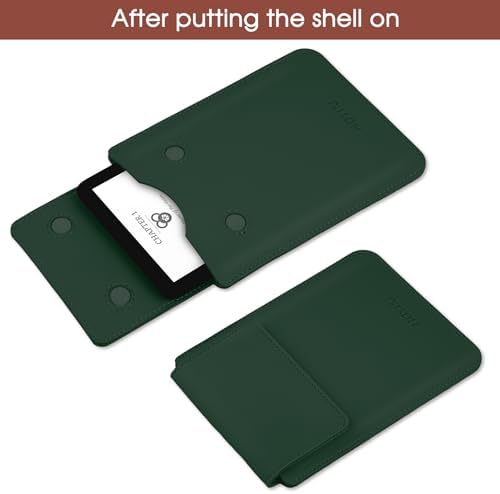 E-reader being inserted into HoYiXi dark green protective pouch