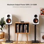 Fosi Audio class D stereo receiver premium aluminum chassis close up.