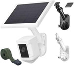 Side angle view of white adjustable security camera wall bracket with extending arm for solar cell optimization.