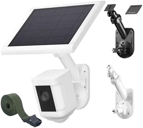 Side angle view of white adjustable security camera wall bracket with extending arm for solar cell optimization.