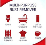 Imported USA rust remover for hard water stains and iron buildup.