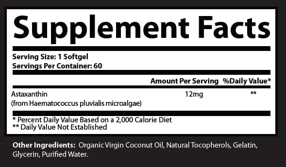 Research Labs Triple Strength Astaxanthin supplement container highlighting the twelve milligram dosage.