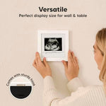 KeaBabies Alpine White modern ultrasound picture frame presented inside its elegant gift packaging box.
