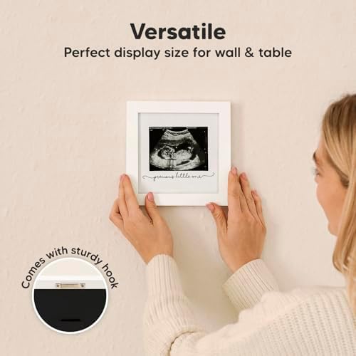 KeaBabies Alpine White modern ultrasound picture frame presented inside its elegant gift packaging box.
