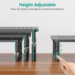 WALI laptop riser side view highlighting the three level height adjustment locking buttons on the legs.