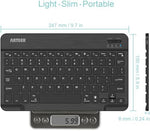 Arteck wireless electronic keyboard highlighting whisper quiet low profile keys and charging port