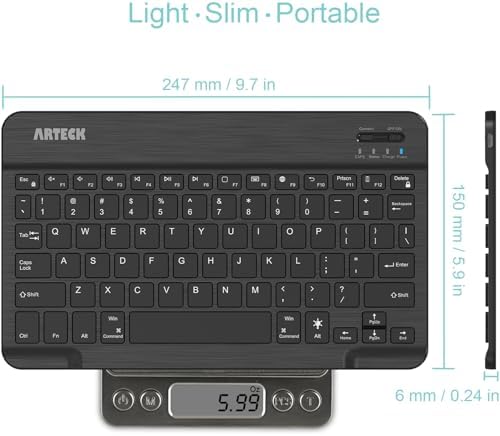 Arteck wireless electronic keyboard highlighting whisper quiet low profile keys and charging port