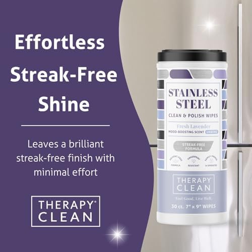 Therapy plant-based stainless steel wipes removing fingerprints from a premium refrigerator door