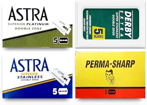 Close up of assorted professional double edge razor blades for shaving
