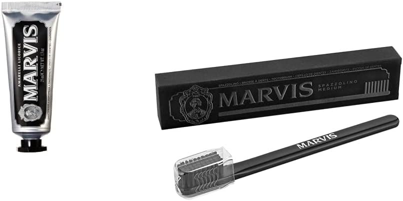 Marvis Amarelli Licorice Toothpaste travel set with black medium toothbrush front view premium personal care