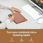 HUION electronic writing pad kit including the A5 notebook, pen refills, and charging cable.