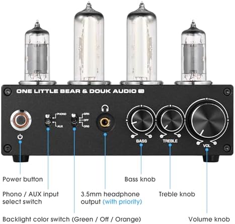 Douk Audio T9 home audio component highlighting treble and bass tone control dials