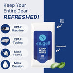 Resealable sachet of Snugell CPAP wipes showing 10 sheets per pack.