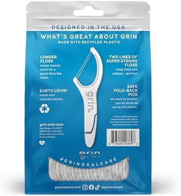 Close up shot of Grin eco friendly dual line dental flossers emphasizing the ultra strong recycled plastic handle.