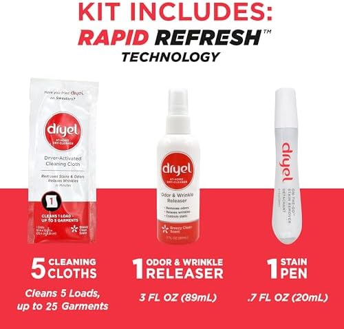 Dryel stain removal pen and wrinkle release spray for garment pre-treatment.