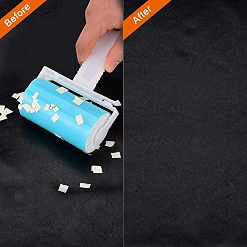 Large blue lint roller removing hair from a grey sofa