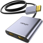 Fairikabe multi stream transport hub showing DisplayPort male connector and dual HDMI female outputs.