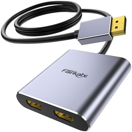 Fairikabe multi stream transport hub showing DisplayPort male connector and dual HDMI female outputs.