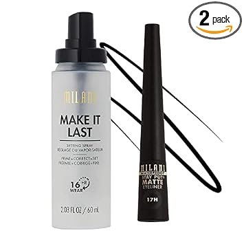 Milani Make It Last Setting Spray and Stay Put Matte Liquid Eyeliner front view makeup bundle