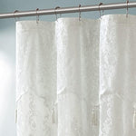 Close up view of the intricate English Rose lace pattern on the luxury farmhouse shower curtain