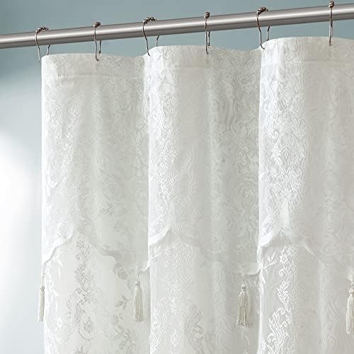 Close up view of the intricate English Rose lace pattern on the luxury farmhouse shower curtain