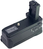 Mcoplus vertical battery attachment dual tray opened to show slots for two NP-FW50 lithium-ion battery packs