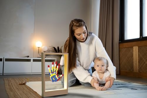 Close up of the easy install wooden base with warm glowing LED lighting