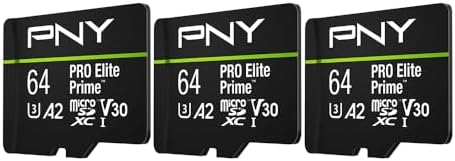 PNY PRO Elite Prime 64GB microSD card showing U3 V30 A2 speed ratings.