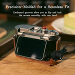 Close-up view of the one-touch quick release plate mechanism on the bottom of the MOVMAX vintage aluminum cage.