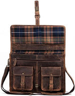 Interior view of the 18 inch laptop briefcase showcasing the luxury designer checkered canvas lining and spacious compartments.