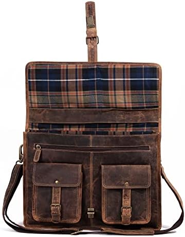 Interior view of the 18 inch laptop briefcase showcasing the luxury designer checkered canvas lining and spacious compartments.