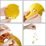 Yymobt birthday hanging decorations set showing transparent hooks attached to metallic plastic swirls.