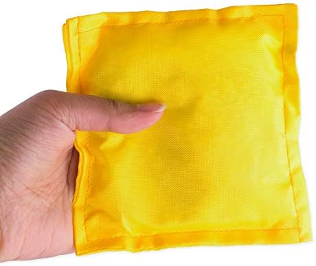 Assorted bright colored nylon bean bags measuring 5 by 5 inches