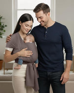 Side angle of mud grey infant wrap carrier showing secure tie closure