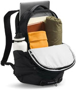 Ergonomic back panel of the authentic black travel daypack.