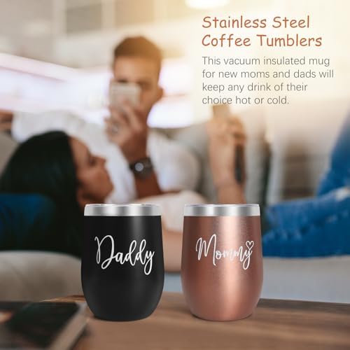 Close up of matching Mom and Dad insulated stainless steel tumblers
