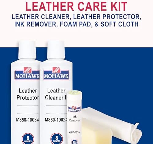 Mohawk Leather Protector bottle showing water based stain repellent formula for aniline leather.