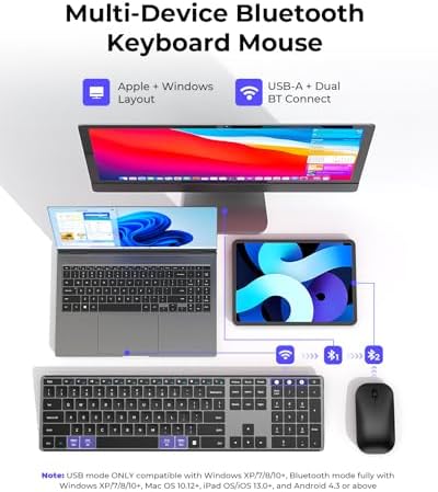 Seenda rechargeable multi device keyboard and mouse set showing the dual layout for Windows and Mac.