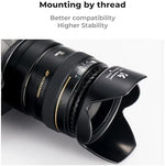 Close up of K&F Concept lens hood threading for 58mm lenses