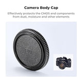 K&F Concept replacement cap set for vintage Canon FD cameras displayed with the microfiber cloth packaging