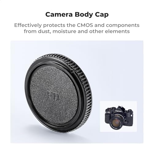 K&F Concept replacement cap set for vintage Canon FD cameras displayed with the microfiber cloth packaging