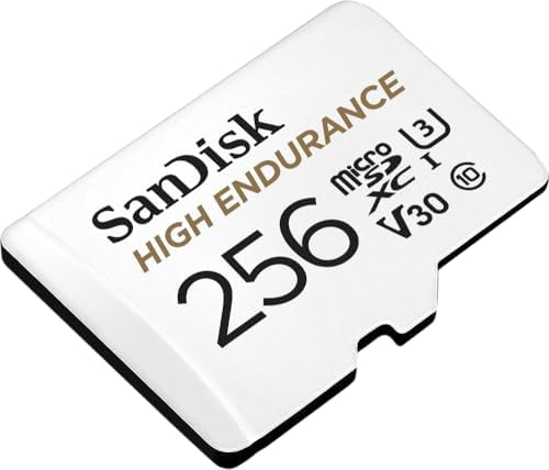 SanDisk high endurance 256 gigabyte memory card with white SD adapter